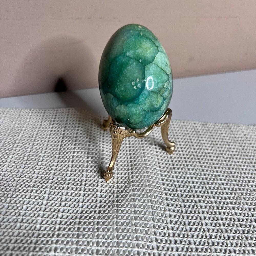 Vintage Green Alabaster Stone Egg with Gold Tone Ornate Tripod Stand Decor